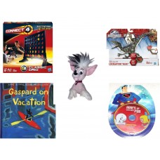 Children's Gift Bundle [5 Piece] -  Connect Four Classic Grid  - Jurassic World Velociraptor "Blue" Figure  - Applause Mexican Hairless Dog   6" - Gaspard on Vacation  - Hours of Cartoon Fun Superma   